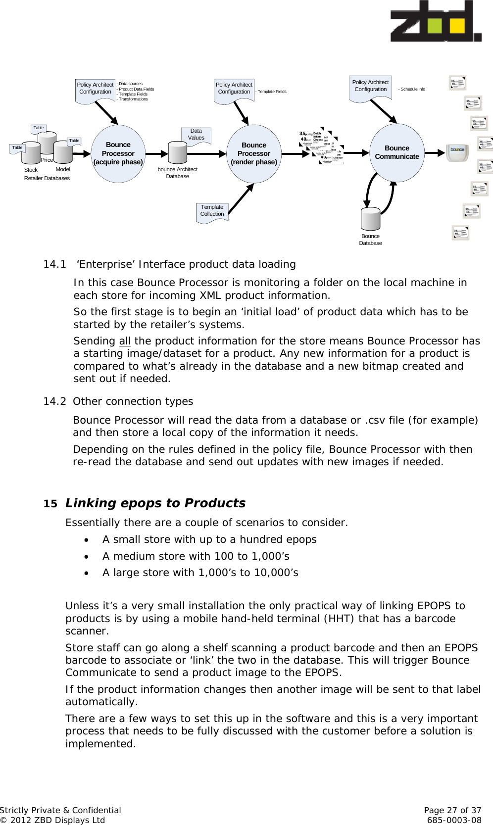  Strictly Private &amp; Confidential    Page 27 of 37 © 2012 ZBD Displays Ltd     685-0003-08 Bounce Processor (acquire phase)Policy ArchitectConfigurationData Values- Data sources- Product Data Fields- Template Fields- TransformationsBounce Processor (render phase)Policy ArchitectConfiguration - Template FieldsTemplateCollectionBounceDatabaseBounceCommunicatePolicy ArchitectConfiguration - Schedule infoPriceModelStockRetailer DatabasesTableTableTablebounce ArchitectDatabase          14.1  ‘Enterprise’ Interface product data loading In this case Bounce Processor is monitoring a folder on the local machine in each store for incoming XML product information. So the first stage is to begin an ‘initial load’ of product data which has to be started by the retailer’s systems. Sending all the product information for the store means Bounce Processor has a starting image/dataset for a product. Any new information for a product is compared to what’s already in the database and a new bitmap created and sent out if needed. 14.2 Other connection types Bounce Processor will read the data from a database or .csv file (for example) and then store a local copy of the information it needs. Depending on the rules defined in the policy file, Bounce Processor with then re-read the database and send out updates with new images if needed.  15 Linking epops to Products Essentially there are a couple of scenarios to consider.  A small store with up to a hundred epops  A medium store with 100 to 1,000’s  A large store with 1,000’s to 10,000’s  Unless it’s a very small installation the only practical way of linking EPOPS to products is by using a mobile hand-held terminal (HHT) that has a barcode scanner. Store staff can go along a shelf scanning a product barcode and then an EPOPS barcode to associate or ‘link’ the two in the database. This will trigger Bounce Communicate to send a product image to the EPOPS.  If the product information changes then another image will be sent to that label automatically. There are a few ways to set this up in the software and this is a very important process that needs to be fully discussed with the customer before a solution is implemented. 
