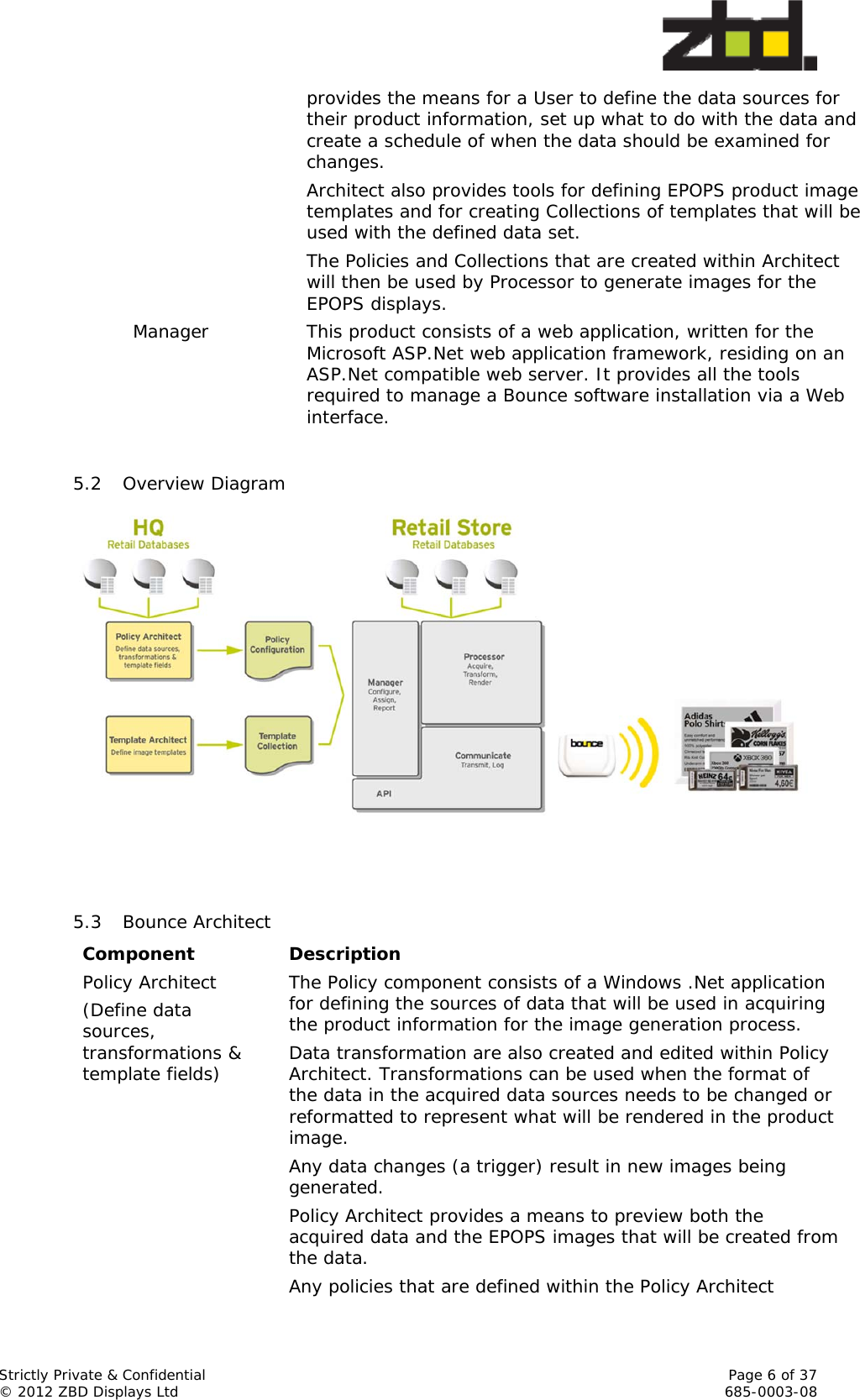  Strictly Private &amp; Confidential    Page 6 of 37 © 2012 ZBD Displays Ltd     685-0003-08 provides the means for a User to define the data sources for their product information, set up what to do with the data and create a schedule of when the data should be examined for changes. Architect also provides tools for defining EPOPS product image templates and for creating Collections of templates that will be used with the defined data set. The Policies and Collections that are created within Architect will then be used by Processor to generate images for the EPOPS displays. Manager  This product consists of a web application, written for the Microsoft ASP.Net web application framework, residing on an ASP.Net compatible web server. It provides all the tools required to manage a Bounce software installation via a Web interface.  5.2 Overview Diagram   5.3 Bounce Architect Component Description Policy Architect (Define data sources, transformations &amp; template fields) The Policy component consists of a Windows .Net application for defining the sources of data that will be used in acquiring the product information for the image generation process. Data transformation are also created and edited within Policy Architect. Transformations can be used when the format of the data in the acquired data sources needs to be changed or reformatted to represent what will be rendered in the product image. Any data changes (a trigger) result in new images being generated. Policy Architect provides a means to preview both the acquired data and the EPOPS images that will be created from the data. Any policies that are defined within the Policy Architect 