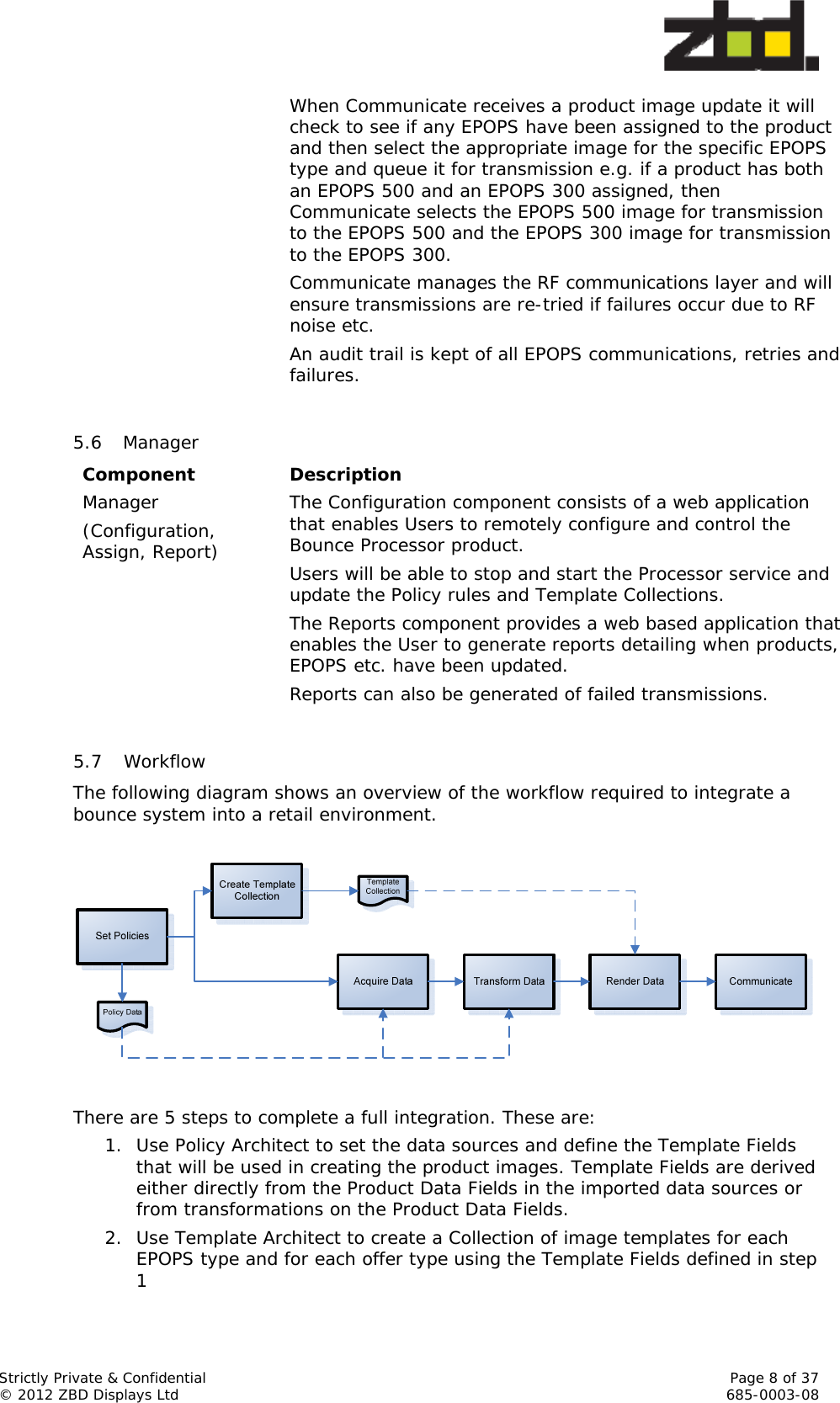  Strictly Private &amp; Confidential    Page 8 of 37 © 2012 ZBD Displays Ltd     685-0003-08 When Communicate receives a product image update it will check to see if any EPOPS have been assigned to the product and then select the appropriate image for the specific EPOPS type and queue it for transmission e.g. if a product has both an EPOPS 500 and an EPOPS 300 assigned, then Communicate selects the EPOPS 500 image for transmission to the EPOPS 500 and the EPOPS 300 image for transmission to the EPOPS 300. Communicate manages the RF communications layer and will ensure transmissions are re-tried if failures occur due to RF noise etc. An audit trail is kept of all EPOPS communications, retries and failures.  5.6 Manager Component Description Manager (Configuration, Assign, Report)  The Configuration component consists of a web application that enables Users to remotely configure and control the Bounce Processor product. Users will be able to stop and start the Processor service and update the Policy rules and Template Collections. The Reports component provides a web based application that enables the User to generate reports detailing when products, EPOPS etc. have been updated. Reports can also be generated of failed transmissions.  5.7 Workflow The following diagram shows an overview of the workflow required to integrate a bounce system into a retail environment.     There are 5 steps to complete a full integration. These are: 1. Use Policy Architect to set the data sources and define the Template Fields that will be used in creating the product images. Template Fields are derived either directly from the Product Data Fields in the imported data sources or from transformations on the Product Data Fields. 2. Use Template Architect to create a Collection of image templates for each EPOPS type and for each offer type using the Template Fields defined in step 1 