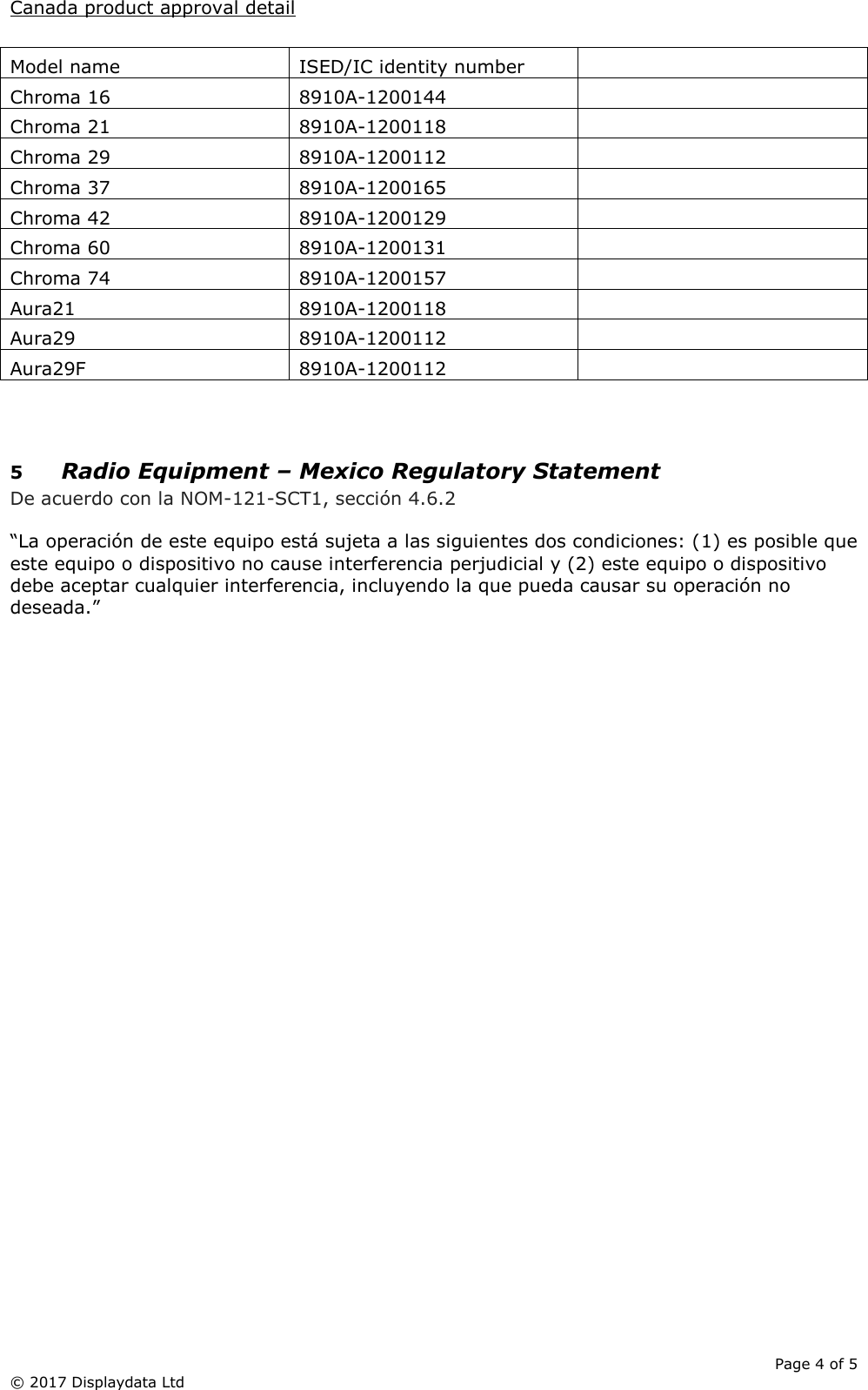      Page 4 of 5 © 2017 Displaydata Ltd Canada product approval detail  Model name ISED/IC identity number  Chroma 16 8910A-1200144  Chroma 21 8910A-1200118  Chroma 29 8910A-1200112  Chroma 37 8910A-1200165  Chroma 42 8910A-1200129  Chroma 60 8910A-1200131  Chroma 74 8910A-1200157  Aura21 8910A-1200118  Aura29 8910A-1200112  Aura29F 8910A-1200112    5 Radio Equipment – Mexico Regulatory Statement De acuerdo con la NOM-121-SCT1, sección 4.6.2  “La operación de este equipo está sujeta a las siguientes dos condiciones: (1) es posible que este equipo o dispositivo no cause interferencia perjudicial y (2) este equipo o dispositivo debe aceptar cualquier interferencia, incluyendo la que pueda causar su operación no deseada.” 