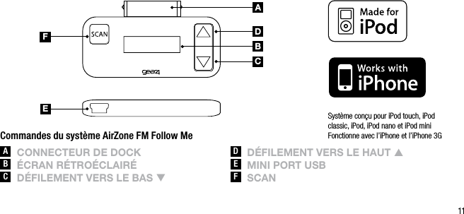 11ABCDEFCommandes du syst&egrave;me AirZone FM Follow MeA  ConnECtEUr DE DoCkB  &Eacute;CrAn r&Eacute;tro&Eacute;ClAir&Eacute;C  D&Eacute;FilEMEnt vErs lE BAs qD  D&Eacute;FilEMEnt vErs lE hAUt pE  Mini port UsBF  sCAnSyst&egrave;me con&ccedil;u pour iPod touch, iPod classic, iPod, iPod nano et iPod mini Fonctionne avec l&rsquo;iPhone et l&rsquo;iPhone 3G