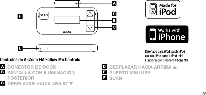 25ABCDEFControles de AirZone FM Follow Me ControlsA  ConECtor DE DoCkB   pAntAllA Con ilUMinACi&oacute;n  postEriorC  DEsplAzAr hACiA ABAjo qD  DEsplAzAr hACiA ArriBA pE  pUErto Mini UsBF  sCAnDise&ntilde;ado para iPod touch, iPod  classic, iPod nano e iPod miniFunciona con iPhone y iPhone 3G
