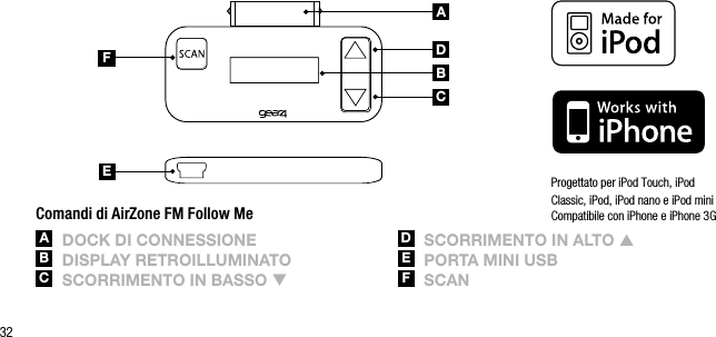 32ABCDEFComandi di AirZone FM Follow MeA  DoCk Di ConnEssionEB  DisplAy rEtroillUMinAtoC  sCorriMEnto in BAsso qD  sCorriMEnto in Alto pE  portA Mini UsBF  sCAnProgettato per iPod Touch, iPod  Classic, iPod, iPod nano e iPod miniCompatibile con iPhone e iPhone 3G