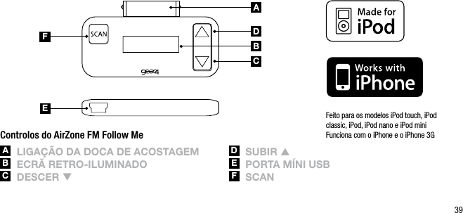39ABCDEFControlos do AirZone FM Follow MeA  ligA&ccedil;&atilde;o DA DoCA DE ACostAgEMB  ECr&atilde; rEtro-ilUMinADoC  DEsCEr qD  sUBir pE  portA M&iacute;ni UsBF  sCAnFeito para os modelos iPod touch, iPod classic, iPod, iPod nano e iPod mini Funciona com o iPhone e o iPhone 3G