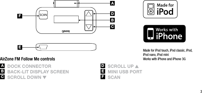 3ABCDEFAirZone FM Follow Me controlsA  DoCk ConnECtorB  BACk-lit DisplAy sCrEEnC  sCroll Down D  sCroll Up E  Mini UsB portF  sCAnMade for iPod touch, iPod classic, iPod, iPod nano, iPod miniWorks with iPhone and iPhone 3G