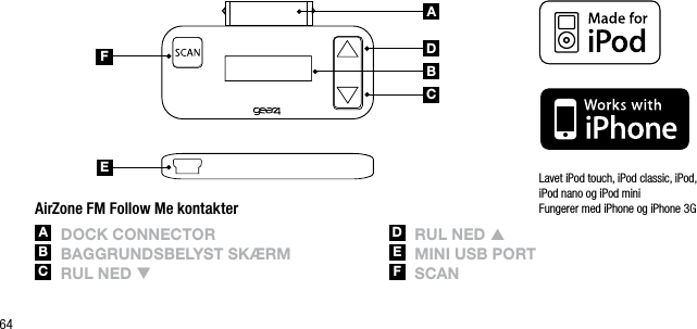 64ABCDEFAirZone FM Follow Me kontakterA  DoCk ConnECtorB  BAggrUnDsBElyst sk&aelig;rMC  rUl nED qD  rUl nED pE  Mini UsB portF  sCAnLavet iPod touch, iPod classic, iPod, iPod nano og iPod mini Fungerer med iPhone og iPhone 3G