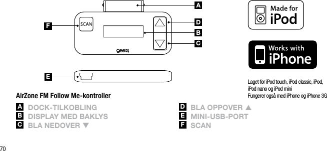 70ABCDEFAirZone FM Follow Me-kontrollerA  DoCk-tilkoBlingB  DisplAy MED BAklysC  BlA nEDovEr qD  BlA oppovEr pE  Mini-UsB-portF  sCAnLaget for iPod touch, iPod classic, iPod, iPod nano og iPod mini Fungerer ogs&aring; med iPhone og iPhone 3G