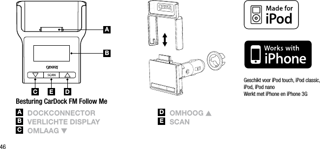 46ABC DEGeschikt voor iPod touch, iPod classic, iPod, iPod nano    Werkt met iPhone en iPhone 3GBesturing CarDock FM Follow MeA  DoCkConnECtorB  vErliChtE DisplAyC  omlAAg D   omhoog E   sCAn