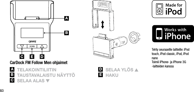 60ABC DETehty seuraaville laitteille: iPod  touch, iPod classic, iPod, iPod  nano   Toimii iPhone- ja iPhone 3G  -laitteiden kanssaCarDock FM Follow Men ohjaimetA  tElAkointiliitinB  tAUstAvAlAistU n&auml;ytt&ouml;C  sElAA AlAs D   sElAA yl&ouml;s E   hAkU