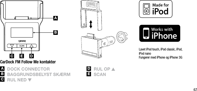 67ABC DELavet iPod touch, iPod classic, iPod, iPod nano    Fungerer med iPhone og iPhone 3GCarDock FM Follow Me kontakterA  DoCk ConnECtorB  BAggrUnDsBElyst sk&aelig;rmC  rUl nED D  rUl op E   sCAnABC DE