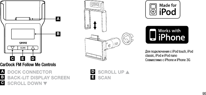 95ABC DEДля подключения с iPod touch, iPod classic, iPod и iPod nano  Совместимо с iPhone и iPhone 3GCarDock FM Follow Me ControlsA  DoCk ConnECtorB  BACk-lit DisplAy sCrEEnC  sCroll Down D   sCroll Up E   sCAnABC DE