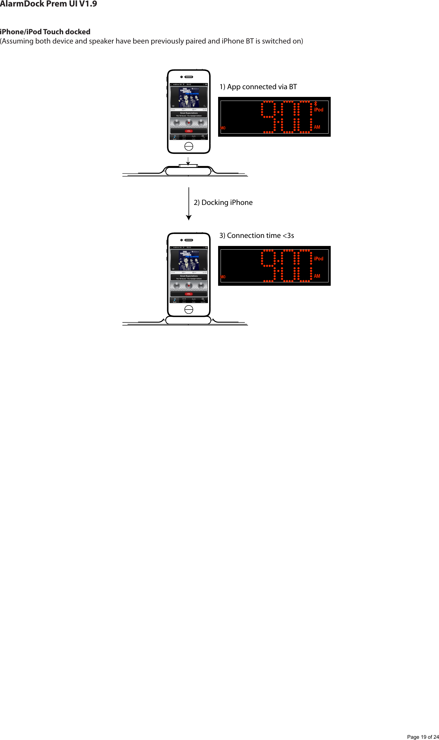 AlarmDock Prem UI V1.9iPhone/iPod Touch docked(Assuming both device and speaker have been previously paired and iPhone BT is switched on)1) App connected via BT3) Connection time <3s2) Docking iPhonePage 19 of 24