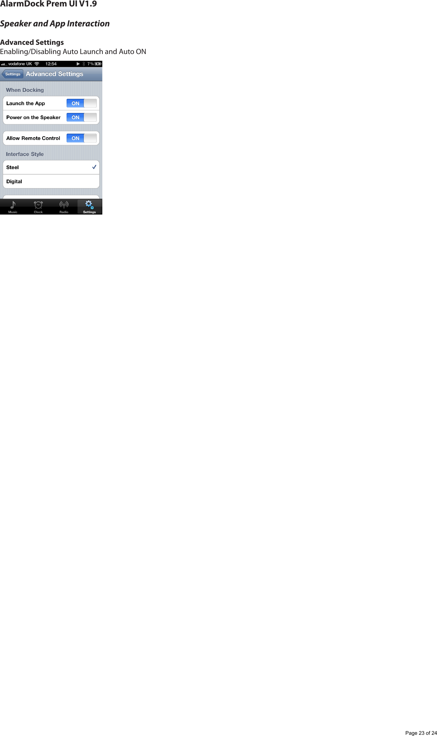 AlarmDock Prem UI V1.9Speaker and App InteractionAdvanced SettingsEnabling/Disabling Auto Launch and Auto ONPage 23 of 24