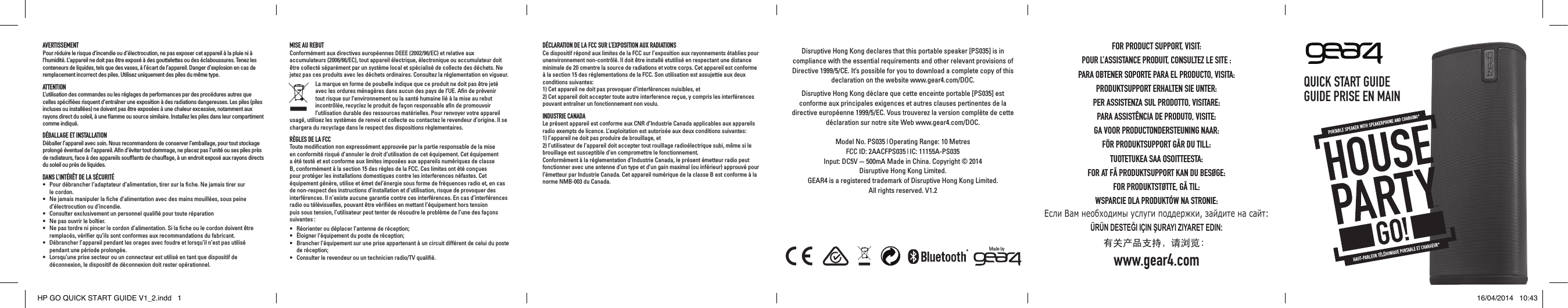 AVERTISSEMENTPour r&eacute;duire le risque d&rsquo;incendie ou d&rsquo;&eacute;lectrocution, ne pas exposer cet appareil &agrave; la pluie ni &agrave; l&rsquo;humidit&eacute;. L&rsquo;appareil ne doit pas &ecirc;tre expos&eacute; &agrave; des gouttelettes ou des &eacute;claboussures. Tenez les conteneurs de liquides, tels que des vases, &agrave; l&rsquo;&eacute;cart de l&rsquo;appareil. Danger d&rsquo;explosion en cas de remplacement incorrect des piles. Utilisez uniquement des piles du m&ecirc;me type.ATTENTIONL&rsquo;utilisation des commandes ou les r&eacute;glages de performances par des proc&eacute;dures autres que celles sp&eacute;ciﬁ&eacute;es risquent d&rsquo;entra&icirc;ner une exposition &agrave; des radiations dangereuses. Les piles (piles incluses ou install&eacute;es) ne doivent pas &ecirc;tre expos&eacute;es &agrave; une chaleur excessive, notamment aux rayons direct du soleil, &agrave; une ﬂamme ou source similaire. Installez les piles dans leur compartiment comme indiqu&eacute;.D&Eacute;BALLAGE ET INSTALLATIOND&eacute;baller l&rsquo;appareil avec soin. Nous recommandons de conserver l&rsquo;emballage, pour tout stockage prolong&eacute; &eacute;ventuel de l&rsquo;appareil. Aﬁn d&rsquo;&eacute;viter tout dommage, ne placez pas l&rsquo;unit&eacute; ou ses piles pr&egrave;s de radiateurs, face &agrave; des appareils soufﬂants de chauffage, &agrave; un endroit expos&eacute; aux rayons directs du soleil ou pr&egrave;s de liquides.DANS L&rsquo;INT&Eacute;R&Ecirc;T DE LA S&Eacute;CURIT&Eacute;&bull;  Pour d&eacute;brancher l&rsquo;adaptateur d&rsquo;alimentation, tirer sur la ﬁche. Ne jamais tirer sur    le cordon. &bull;  Ne jamais manipuler la ﬁche d&rsquo;alimentation avec des mains mouill&eacute;es, sous peine d&rsquo;&eacute;lectrocution ou d&rsquo;incendie.&bull;  Consulter exclusivement un personnel qualiﬁ&eacute; pour toute r&eacute;paration&bull;  Ne pas ouvrir le bo&icirc;tier.&bull;  Ne pas tordre ni pincer le cordon d&rsquo;alimentation. Si la ﬁche ou le cordon doivent &ecirc;tre remplac&eacute;s, v&eacute;riﬁer qu&rsquo;ils sont conformes aux recommandations du fabricant.&bull;  D&eacute;brancher l&rsquo;appareil pendant les orages avec foudre et lorsqu&rsquo;il n&rsquo;est pas utilis&eacute; pendant une p&eacute;riode prolong&eacute;e.&bull;  Lorsqu&rsquo;une prise secteur ou un connecteur est utilis&eacute; en tant que dispositif de d&eacute;connexion, le dispositif de d&eacute;connexion doit rester op&eacute;rationnel.D&Eacute;CLARATION DE LA FCC SUR L&rsquo;EXPOSITION AUX RADIATIONSCe dispositif r&eacute;pond aux limites de la FCC sur l&rsquo;exposition aux rayonnements &eacute;tablies pour unenvironnement non-contr&ocirc;l&eacute;. Il doit &ecirc;tre install&eacute; etutilis&eacute; en respectant une distance minimale de 20 cmentre la source de radiations et votre corps. Cet appareil est conforme &agrave; la section 15 des r&eacute;glementations de la FCC. Son utilisation est assujettie aux deux conditions suivantes:1) Cet appareil ne doit pas provoquer d&rsquo;interf&eacute;rences nuisibles, et2) Cet appareil doit accepter toute autre interference re&ccedil;ue, y compris les interf&eacute;rences pouvant entra&icirc;ner un fonctionnement non voulu.INDUSTRIE CANADALe pr&eacute;sent appareil est conforme aux CNR d&rsquo;Industrie Canada applicables aux appareils radio exempts de licence. L&rsquo;exploitation est autoris&eacute;e aux deux conditions suivantes:1) l&rsquo;appareil ne doit pas produire de brouillage, et2) l&rsquo;utilisateur de l&rsquo;appareil doit accepter tout rouillage radio&eacute;lectrique subi, m&ecirc;me si le brouillage est susceptible d&rsquo;en compromettre le fonctionnement.Conform&eacute;ment &agrave; la r&eacute;glementation d&rsquo;Industrie Canada, le pr&eacute;sent &eacute;metteur radio peut fonctionner avec une antenne d&rsquo;un type et d&rsquo;un gain maximal (ou inf&eacute;rieur) approuv&eacute; pour l&rsquo;&eacute;metteur par Industrie Canada. Cet appareil num&eacute;rique de la classe B est conforme &agrave; la norme NMB-003 du Canada.MISE AU REBUTConform&eacute;ment aux directives europ&eacute;ennes DEEE (2002/96/EC) et relative aux accumulateurs (2006/66/EC), tout appareil &eacute;lectrique, &eacute;lectronique ou accumulateur doit &ecirc;tre collect&eacute; s&eacute;par&eacute;ment par un syst&egrave;me local et sp&eacute;cialis&eacute; de collecte des d&eacute;chets. Ne jetez pas ces produits avec les d&eacute;chets ordinaires. Consultez la r&eacute;glementation en vigueur. La marque en forme de poubelle indique que ce produit ne doit pas &ecirc;tre jet&eacute; avec les ordures m&eacute;nag&egrave;res dans aucun des pays de l&rsquo;UE. Aﬁn de pr&eacute;venir tout risque sur l&rsquo;environnement ou la sant&eacute; humaine li&eacute; &agrave; la mise au rebut incontr&ocirc;l&eacute;e, recyclez le produit de fa&ccedil;on responsable aﬁn de promouvoir l&rsquo;utilisation durable des ressources mat&eacute;rielles. Pour renvoyer votre appareil usag&eacute;, utilisez les syst&egrave;mes de renvoi et collecte ou contactez le revendeur d&rsquo;origine. Il se chargera du recyclage dans le respect des dispositions r&egrave;glementaires.R&Egrave;GLES DE LA FCCToute modiﬁcation non express&eacute;ment approuv&eacute;e par la partie responsable de la mise en conformit&eacute; risqu&eacute; d&rsquo;annuler le droit d&rsquo;utilisation de cet &eacute;quipement. Cet &eacute;quipement a &eacute;t&eacute; test&eacute; et est conforme aux limites impos&eacute;es aux appareils num&eacute;riques de classe B, conform&eacute;ment &agrave; la section 15 des r&egrave;gles de la FCC. Ces limites ont &eacute;t&eacute; con&ccedil;ues pour prot&eacute;ger les installations domestiques contre les interferences n&eacute;fastes. Cet &eacute;quipement g&eacute;n&egrave;re, utilise et &eacute;met del&rsquo;&eacute;nergie sous forme de fr&eacute;quences radio et, en cas de non-respect des instructions d&rsquo;installation et d&rsquo;utilisation, risque de provoquer des interf&eacute;rences. Il n&rsquo;existe aucune garantie contre ces interf&eacute;rences. En cas d&rsquo;interf&eacute;rences radio ou t&eacute;l&eacute;visuelles, pouvant &ecirc;tre v&eacute;riﬁ&eacute;es en mettant l&rsquo;&eacute;quipement hors tension puis sous tension, l&rsquo;utilisateur peut tenter de r&eacute;soudre le probl&egrave;me de l&rsquo;une des fa&ccedil;ons suivantes : &bull;  R&eacute;orienter ou d&eacute;placer l&rsquo;antenne de r&eacute;ception;&bull;  &Eacute;loigner l&rsquo;&eacute;quipement du poste de r&eacute;ception;&bull;  Brancher l&rsquo;&eacute;quipement sur une prise appartenant &agrave; un circuit diff&eacute;rent de celui du poste de r&eacute;ception;&bull;  Consulter le revendeur ou un technicien radio/TV qualiﬁ&eacute;.QUICK START GUIDEGUIDE PRISE EN MAINFOR PRODUCT SUPPORT, VISIT:POUR L&rsquo;ASSISTANCE PRODUIT, CONSULTEZ LE SITE :PARA OBTENER SOPORTE PARA EL PRODUCTO, VISITA:PRODUKTSUPPORT ERHALTEN SIE UNTER:PER ASSISTENZA SUL PRODOTTO, VISITARE:PARA ASSIST&Ecirc;NCIA DE PRODUTO, VISITE:GA VOOR PRODUCTONDERSTEUNING NAAR:F&Ouml;R PRODUKTSUPPORT G&Aring;R DU TILL:TUOTETUKEA SAA OSOITTEESTA:FOR AT F&Aring; PRODUKTSUPPORT KAN DU BES&Oslash;GE:FOR PRODUKTST&Oslash;TTE, G&Aring; TIL:WSPARCIE DLA PRODUKT&Oacute;W NA STRONIE:Если Вам необходимы услуги поддержки, зайдите на сайт:&Uuml;R&Uuml;N DESTEĞI I&Ccedil;IN ŞURAYI ZIYARET EDIN:有关产品支持，请浏览：www.gear4.comMade by Disruptive Hong Kong declares that this portable speaker [PS035] is in compliance with the essential requirements and other relevant provisions of Directive 1999/5/CE. It&rsquo;s possible for you to download a complete copy of this declaration on the website www.gear4.com/DOC. Disruptive Hong Kong d&eacute;clare que cette enceinte portable [PS035] est conforme aux principales exigences et autres clauses pertinentes de la directive europ&eacute;enne 1999/5/EC. Vous trouverez la version compl&egrave;te de cette d&eacute;claration sur notre site Web www.gear4.com/DOC.Model No. PS035 | Operating Range: 10 Metres FCC ID: 2AACFPS035 | IC: 11155A-PS035  Input: DC5V  500mA Made in China. Copyright &copy; 2014  Disruptive Hong Kong Limited.  GEAR4 is a registered trademark of Disruptive Hong Kong Limited.  All rights reserved. V1.2HP GO QUICK START GUIDE V1_2.indd   1 16/04/2014   10:43