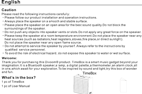 Divoom Technology TIMEBOX Bluetooth Speaker(TimeBox) User Manual