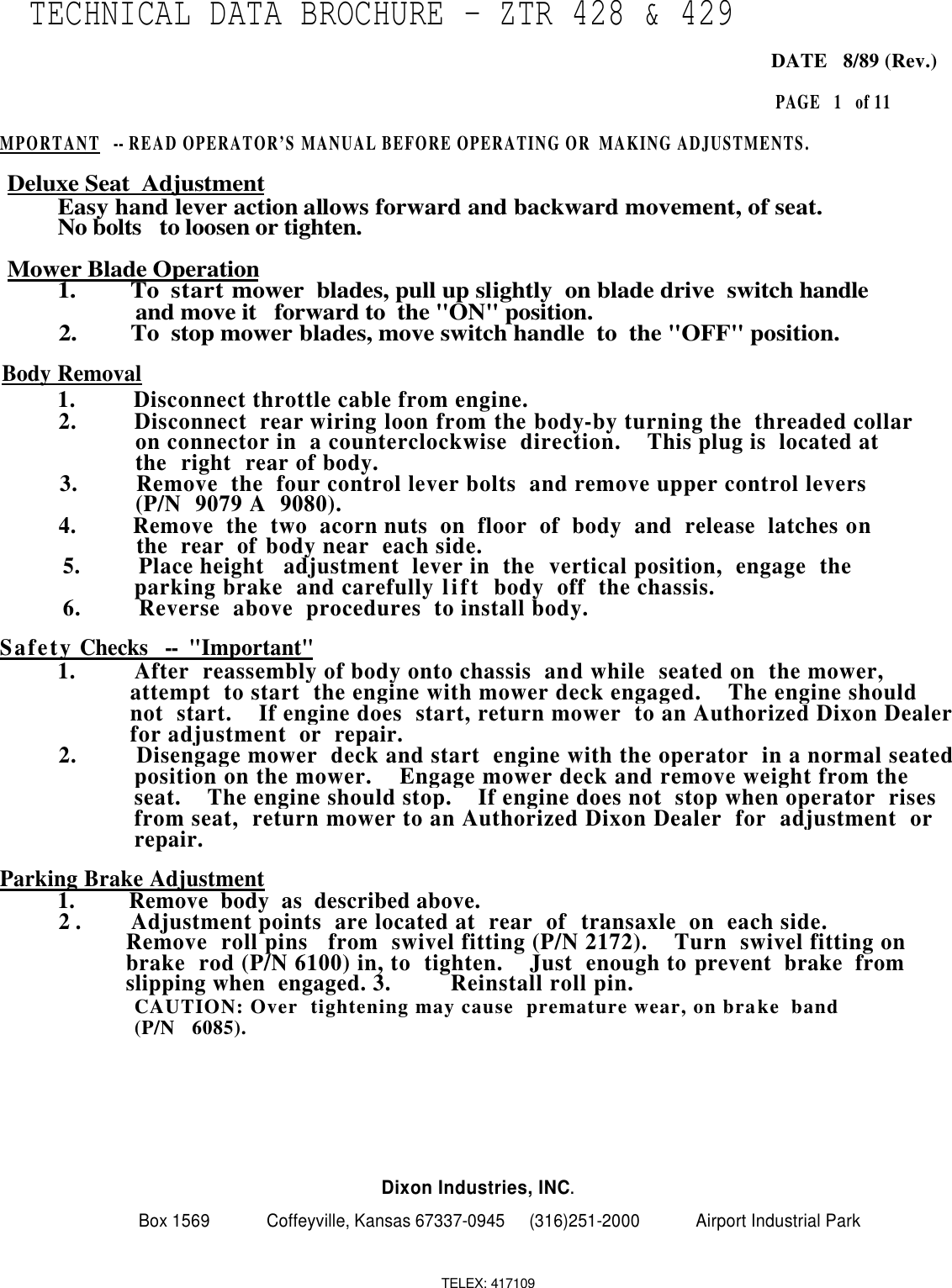 Page 1 of 6 - Dixon-Marking-Tools Dixon-Marking-Tools-Ztr-428-Users-Manual- OM, ZTR 428, 429, 1990, ZERO TURN  Dixon-marking-tools-ztr-428-users-manual