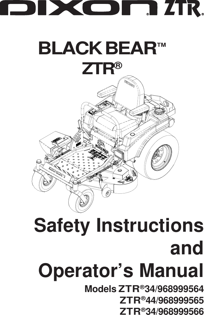 Dixon Black Bear Ztr 34 44 Users Manual 539 118101IR
