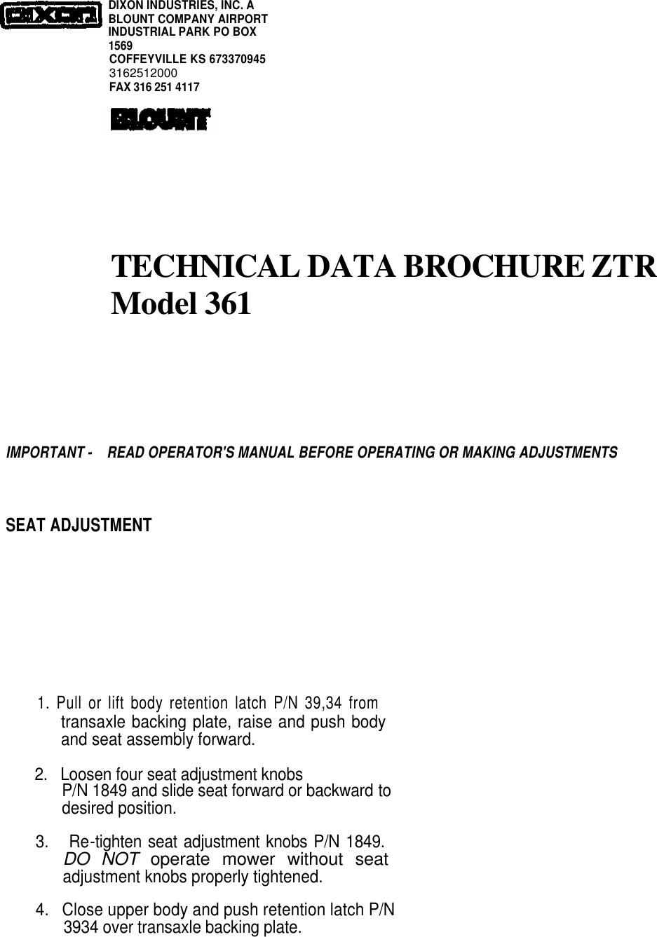 Page 1 of 8 - Dixon Dixon-Technical-Data-Brochure-Ztr-361-Users-Manual- 1993 Technical Data Brochure ZTR  361 Dixon-technical-data-brochure-ztr-361-users-manual