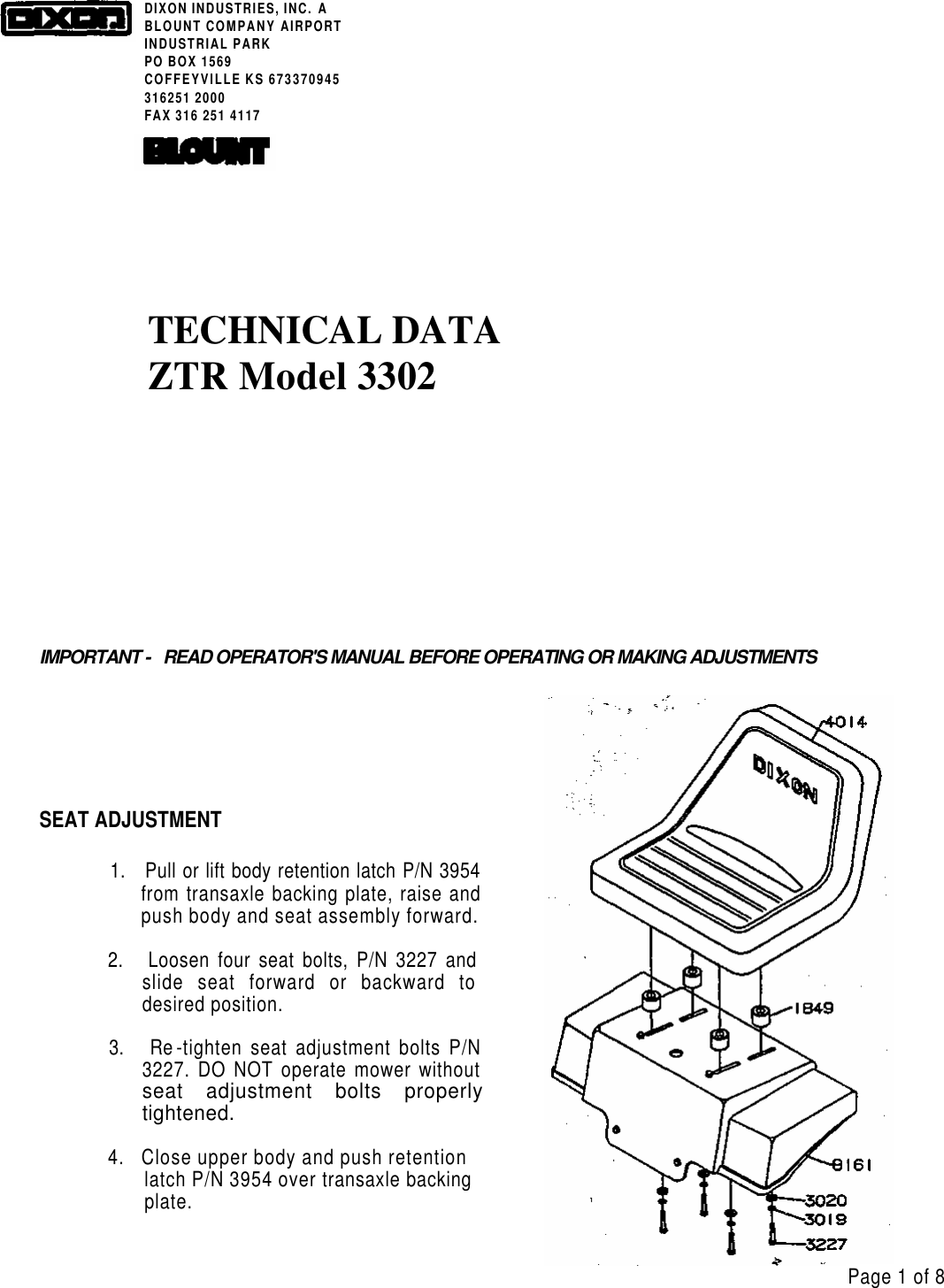 Page 1 of 8 - Dixon Dixon-Ztr-3302-Users-Manual- OM, ZTR 3302, 1994, ZERO TURN  Dixon-ztr-3302-users-manual