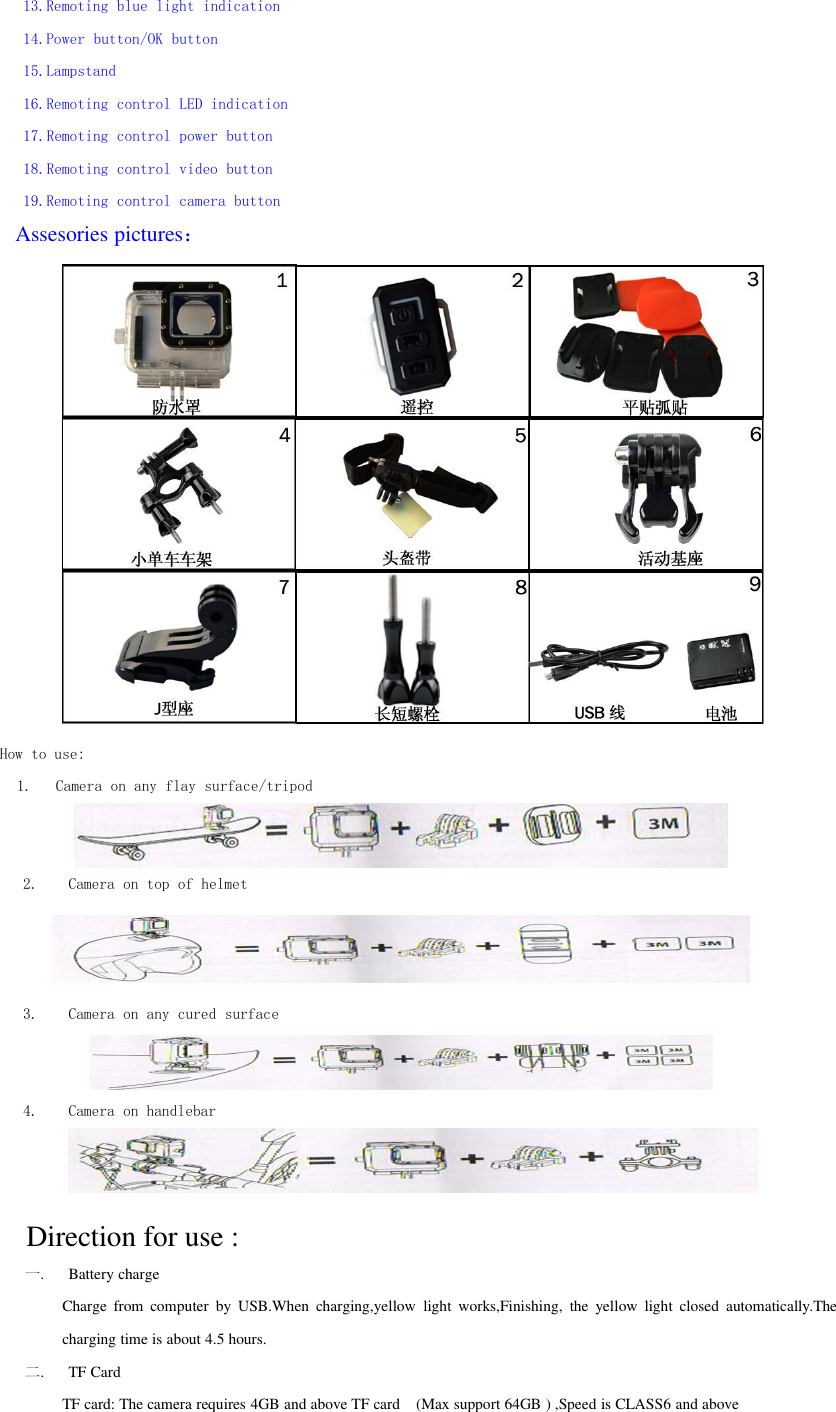 13.Remoting blue light indication14.Power button/OK button15.Lampstand16.Remoting control LED indication17.Remoting control power button18.Remoting control video button19.Remoting control camera buttonAssesories pictures：How to use:1. Camera on any flay surface/tripod2. Camera on top of helmet3. Camera on any cured surface4. Camera on handlebarDirection for use :一. Battery chargeCharge from computer by USB.When charging,yellow light works,Finishing, the yellow light closed automatically.Thecharging time is about 4.5 hours.二. TF CardTF card: The camera requires 4GB and above TF card (Max support 64GB ) ,Speed is CLASS6 and above