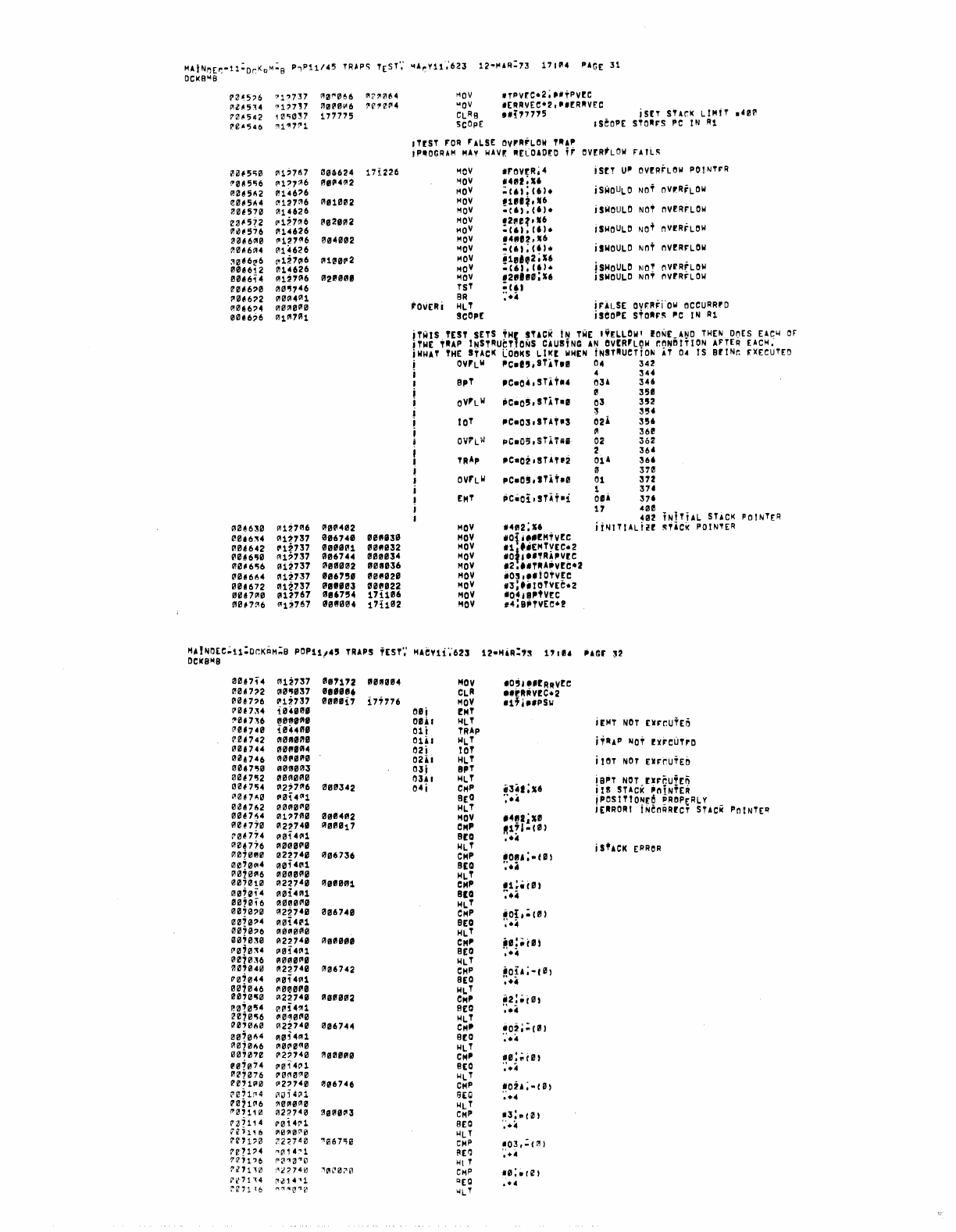 RRORI
nvrRr~~w
r'rlr~
T"
TRAP
C'!0~
3~6
'-'227P!6
"U772
vOfC17,
CMP
1117;2;16
.HAS
STACK
pnINT'R
HOvro
R~
6
N'!~342
[II
Ii!
{4tl1
1
REO
':.4
ic~
rOR
TH£
AUTO
Of
CREME
NT
• 4 rnR
Nl~344
A0OJS"'''
HlT
iTH(
ERRQA
TRA~)
"e~346
1"1!117(1!1
SCOPE
.SCO"E
STORF'S
PC
IN
Rl
iTfn
THAT
TIoIE
INsrROCTInN II!!U746 1
C.USES
AN
~vrRFlOW
cON~iTION.
\J~~3C;1!I
P!127C'16
P!QJUJI1IS
HOV
11111818.,,6
is!T
STACK
pnrNTF'R
"'0'~'1.
"l1~7:57
01116366
l1!"I'JU4
MOV
'vorcu.uEFlRVEC
iLOAn
rRROR
VEe
TOR
C'!l!Itl3A2
Ql0&746
BS6746
ICAUSE
OVrR~\OW
C"fiI~3"4
P!0~I1JC'I"
!oIlT
IERROR!
nvrRrl~W
FAllEn
Tn
TRAP
7"113('6
012'7716
rill
I1l
772
vorcUli
CM'
,7;2;,,6
iHAS
STACK
P~INTFR
Movro
8V
6
006312
('JflJt4011
BEQ
','
..
IC2
rOR
THE
'UTa
DECREMENT.
4 rnR
C"0~~H
1'1091,,1'18
IoILT
.THE
ERROR
TRAP)
t"0~~76
t>1"'7C'11
SCOPE
i
SCOPE
STOlln;
PC
IN
Rl
;TUT
THAT
THE
I"'STROCTlON
IQ!74""6 1 CAUsrs
AN
~VER'lOW
CONLTTION.
"'0~4[?l0
"'1?7"'6 0131"""
MOV
~1~e~.x6
iSfT
STA9K
POINTfR
l"e~"'"4
"'1~737
1'186416
1'1"001114
MOV
'VDEC19.~,rRRVE:~
.leAn
fRROR
VEe
TOR
"'0~
412
0l7411J46
t11741!!46
i
CAUSE
ovrR~\
OW
P'~~414
"0
t'lS
"'0
loll
T
IE!'IRORl
OVERrlOW
FAILED
Tn
TRAP
~I!IH;6
0'22706 000772 vorC191
CM'
,,7?2;,,'
iHAS
STACK
POINTER
MovrD
FlY
6
1110'4'2
"'flJt4"'1
B[Q
....
j (2
rOR
THf
AUTO
OfCRE"EN;-
• 4
rrR
P'21~4'4
!"21(:11Q1ll10
~L
T
iT~E:
ERRoR
TRAP)
I"klH,6
001"'7"'1
SCOPE
j
SCOPE
STnRn;
PC
IN
Al
.ffST
tHAT
INTERRU,T
CAUSES
AN
OVrRF'lOW
1"0~4~0
~1,,7"6
01!!i
""'Ill
IIDrC211
MOY
l1~e~,,,6
"
is!T
STACK
PTR
('ii!!""~4
~1'7~7
910
64
72
Pil'lllU4
MOV
'VnC2", ",[RRVEC
ilOAO
OvrRrl
nw
VECTOR
"'01\442
?1,7J7
"1116521
PJ0~1!!&4
MOV
.lIriC2I11B,uTpVre iloAD
TTY
~RiNTER
VECT"R
"'0~4r;"
~2I"'2~7
SPL
.,
ilOCK
OUT
I"'T[RRIIP'!'S
"0'40;2 71?7 37
01!!Al111S
17;564
",OV
i1"e
;
UTT~SR
is!T
IE
Rif
TN
TTY
PRINT(R
00~""0
!'0"i037
177776
~LR
".,.SIoI
iAlLOW
INT(RRUPTS
('01'''''''-
"ii!!"2n
VOe21i'lAI
SPL
7
!LOCI(
nUT
i~t£"RIJPTS
"''''41-6
:I
°
'"111
"'fIJ
loll
T irliRnRI
NO
TTY
I",TrRRuPT
C"0"47f"
~0"7o;7
BR
vorC20 ilOOP
TEST
if
NO
1''''
I~
TERJ:UPT
IfrST
THE
STACK
~"'472
:-2"7"'7 fl06464
17'2,4
VOC2C'11
eMP
!'!V"'C20A"7 4 I IS
RETUI1",
Pr.
iFlioM
HH'"
eN
TIoIE:
S'I'A(:I(
?
"e'5~0
"Zt4"'1
qEO
••
4
9'~'~,'2
:'0~0~0
~lT
IE"RORI
"'1t"~"4
'2'7"7
"Q!65?0
17?256
~MP
,vnC208,
"'"
II~
RETURN
PI'
H'ROH
OVrRF'1
Cw)
ON
S·ACK
,"512
"014"1
~[Q
'
..
+~
?
514
",;>!'!pC'l/' "'IT
jE~R"R!
1'-511'0
r,-
~"'''''1
~R
':.4
l-
:,;>,' 'J""
"~
VDC2:>1BI
"'IT
IERROql
"'0
nVE"r,
OW
N5?'i!
~'"''
<'
~
7 1775"4
el
R .IITTrSR
IClE:AR
IE
BiT
![