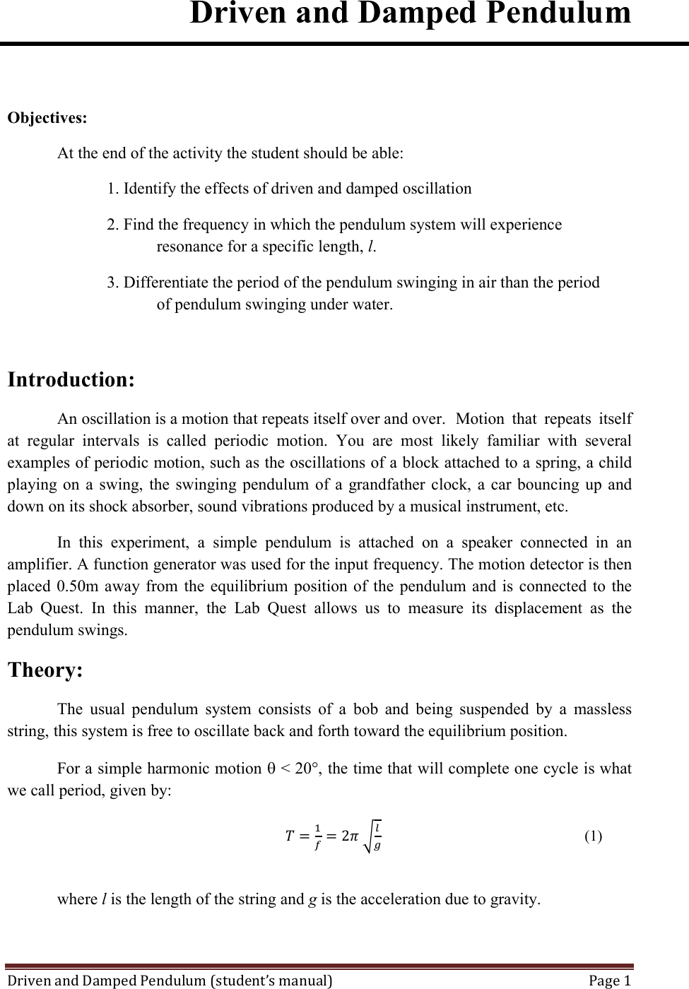 Page 1 of 10 - 01 Driven And Damped Pendulum Experiment Manual