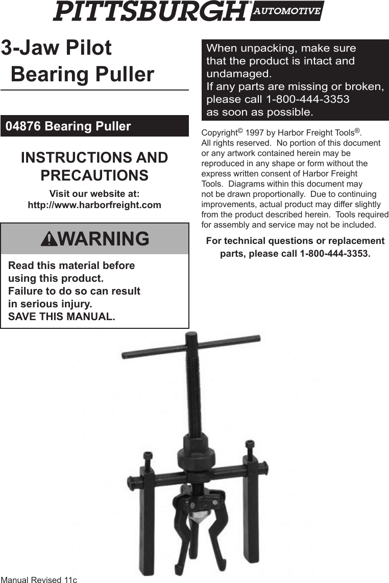 Page 1 of 4 - Manual For The 4876 3-Jaw Pilot Bearing Puller 04876