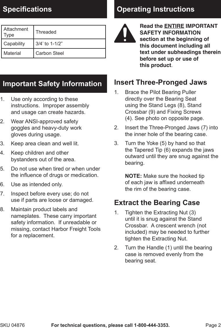 Page 2 of 4 - Manual For The 4876 3-Jaw Pilot Bearing Puller 04876