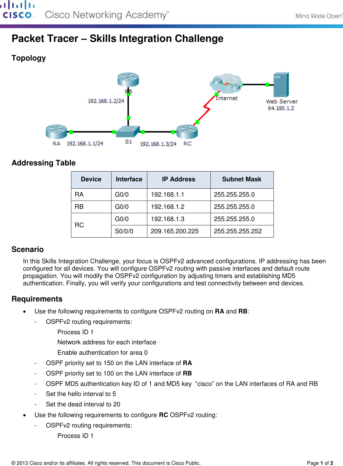 Page 1 of 2 - 10.3.1.2 Packet Tracer - Skills Integration Challenge Instructions