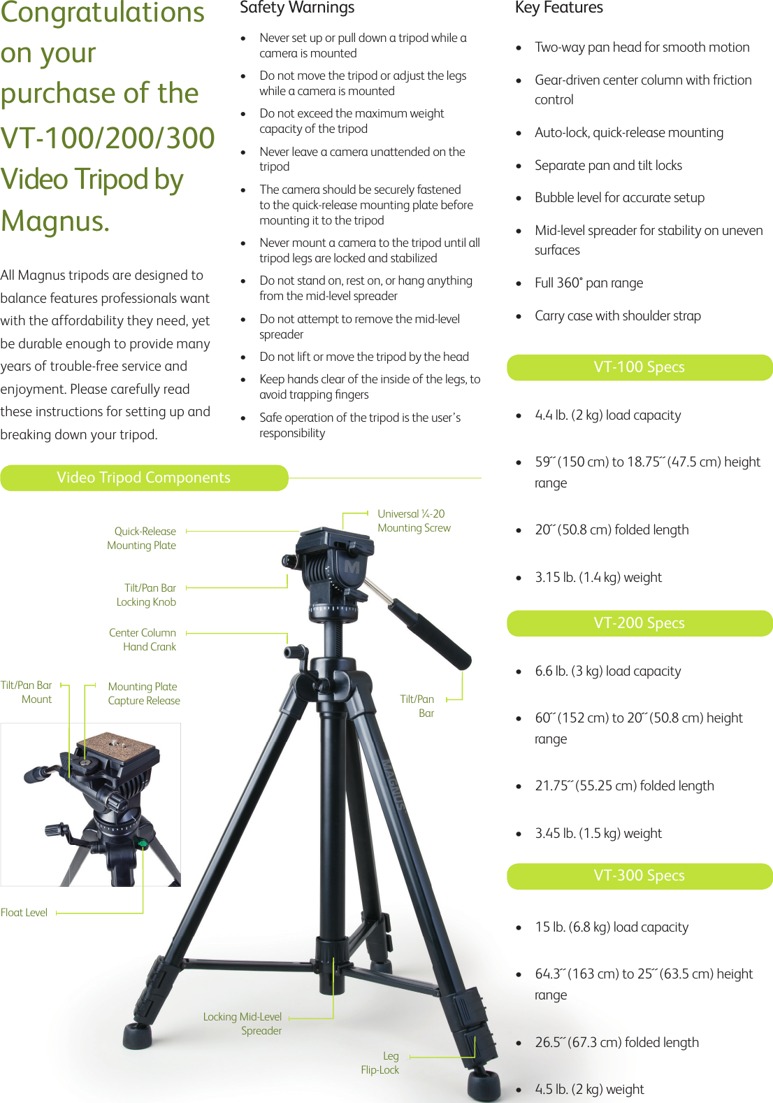 Magnus VT 100, 200, 300 Tripods User Manual 104488