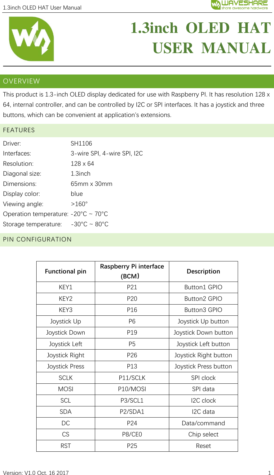 Page 1 of 5 - 1.3inch OLED HAT User Manual EN