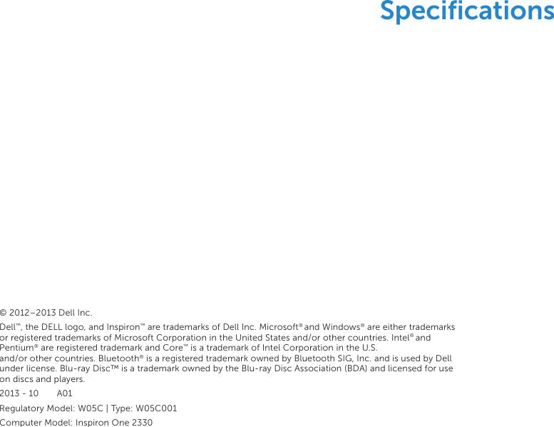 Page 1 of 5 - Inspiron One 23 2330 Aio Specifications  1508075239inspiron-one-23-2330-aio Reference Guide En-us