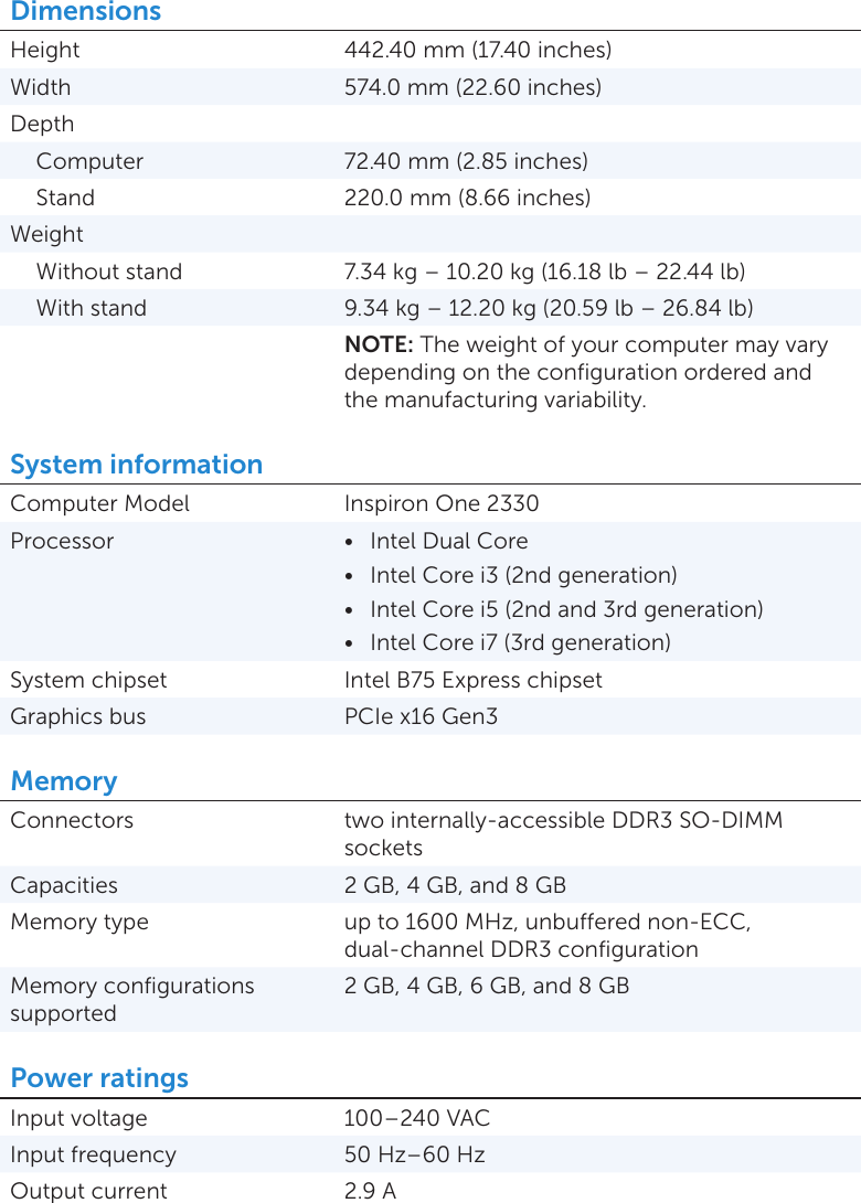 Page 2 of 5 - Inspiron One 23 2330 Aio Specifications  1508075239inspiron-one-23-2330-aio Reference Guide En-us