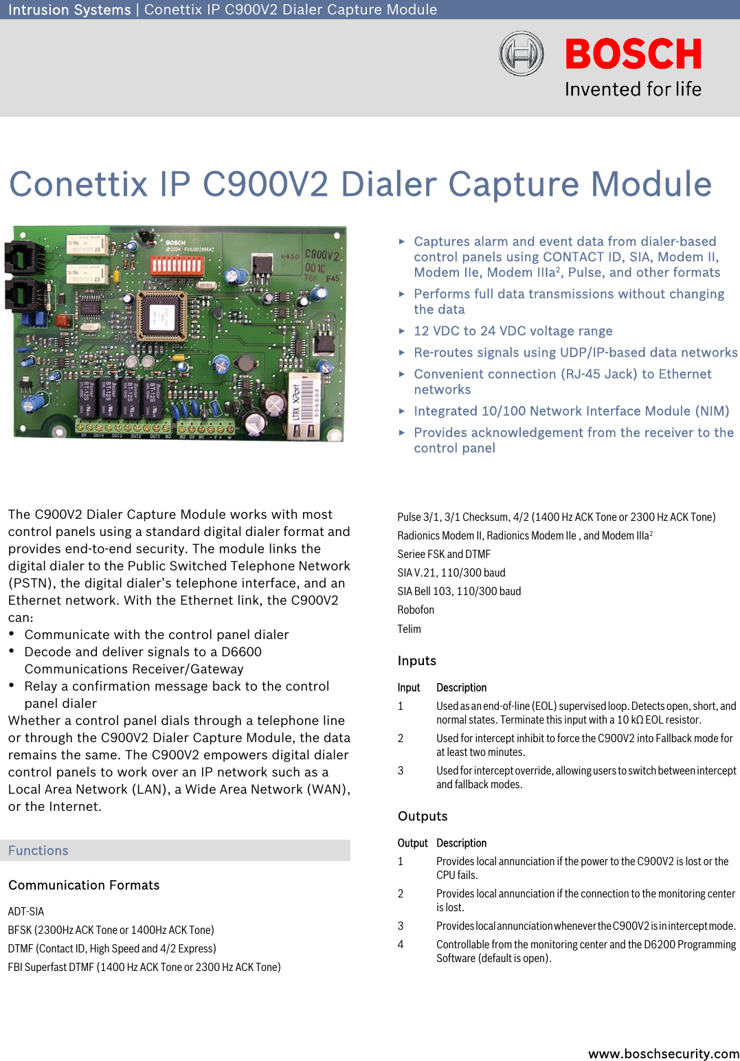 Conettix IP C900V2 Dialer Capture Module 1510482216C900 V2 Datasheet