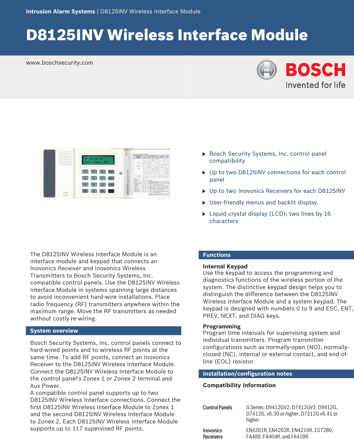 Page 1 of 3 - D8125INV Wireless Interface Module  1510482531Data Sheet En US 2537971979