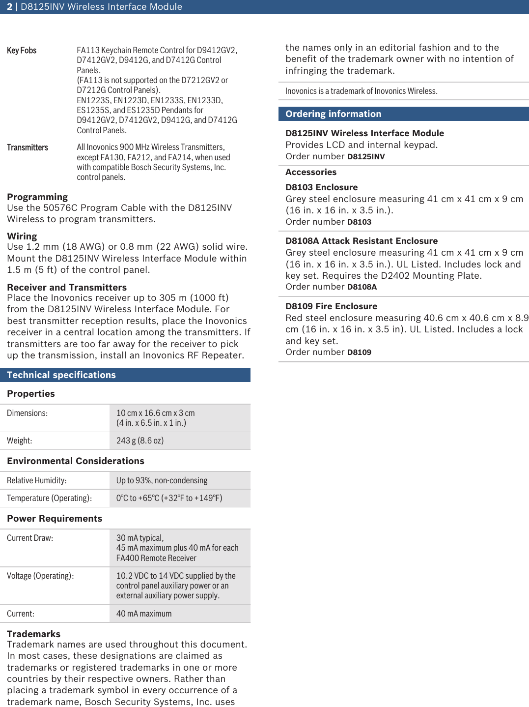 Page 2 of 3 - D8125INV Wireless Interface Module  1510482531Data Sheet En US 2537971979