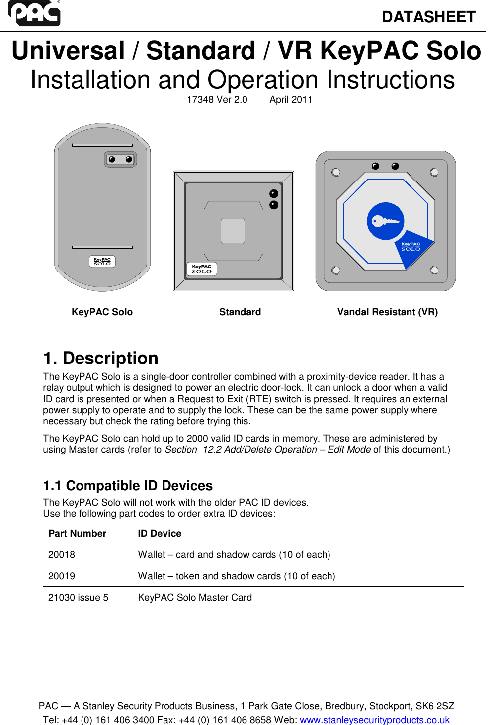 Page 1 of 12 - 376\377\0001\0007\0003\0004\0008\000 \000v\0002 17348 V2 - Key PAC Solo Quick Start Guide