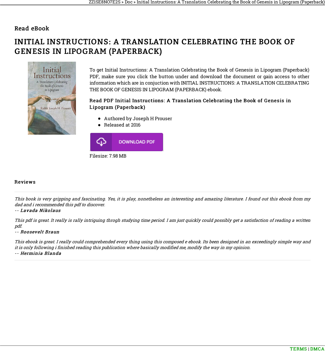 Page 1 of 2 - PDF « Initial Instructions: A Translation Celebrating The Book Of Genesis In Lipogram (Paperback) \ KDMN8NFUBH0U 1934730556-initial-instructions-a-translation-celebrating-t-YVBLAKn Qu DB