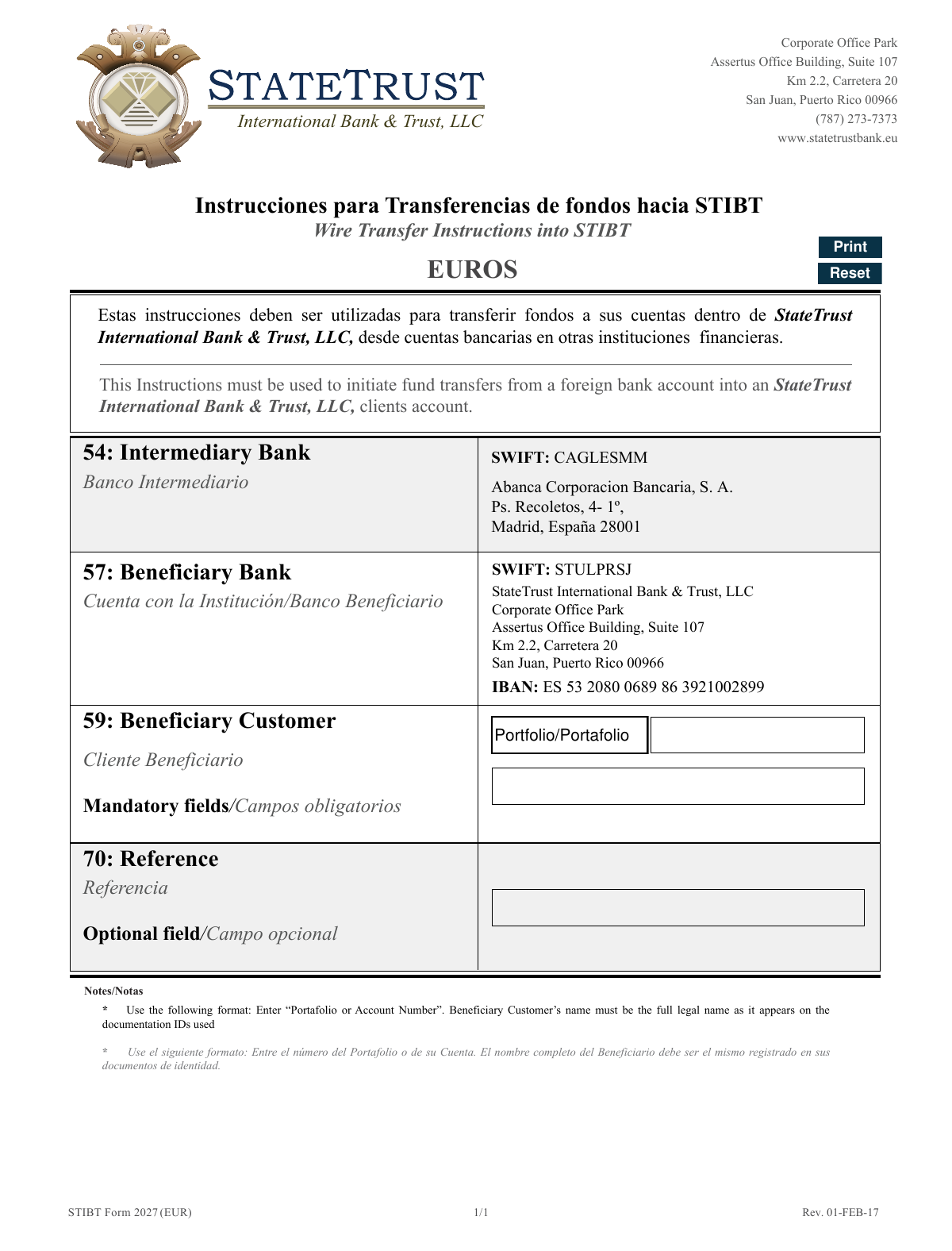 Page 1 of 1 - Instrucciones Para Transferencias Euros 2027 STIBT E Form - Transfer Instructions Into STB Abanca (EUR) Feb 02 2017