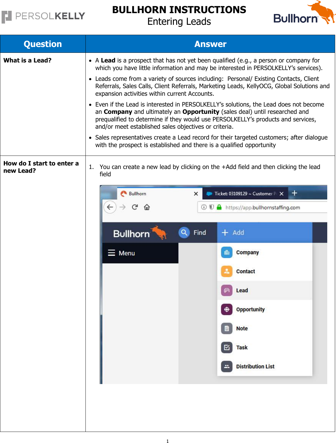 Page 1 of 6 - Salesforce Reference Guide - Entering Leads (e3045) 2. Process Bullhorn Work Instructions