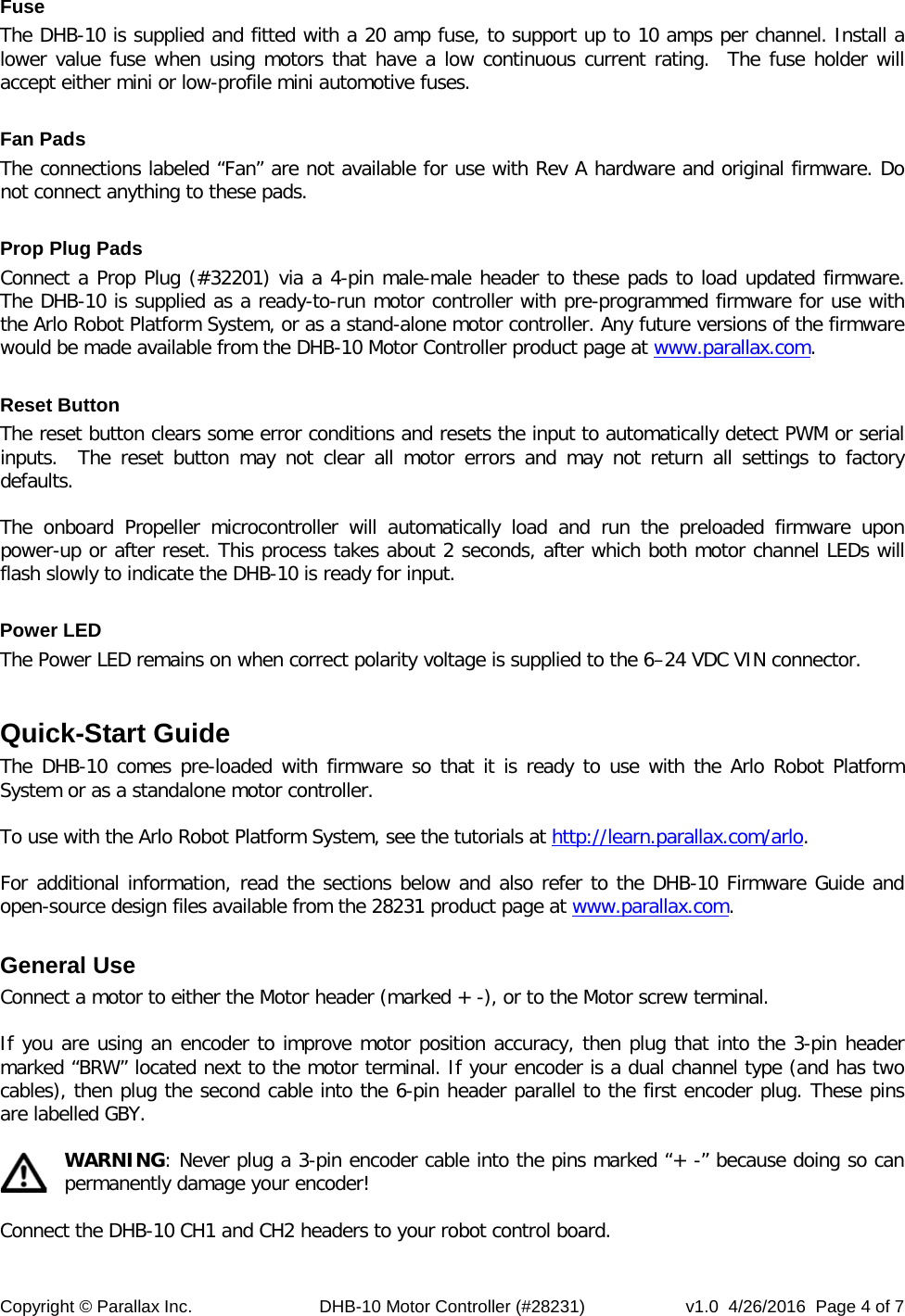 Page 4 of 7 - DHB-10 Dual H-Bridge 10 Amp Motor Controller Product Guide (#28231) 28231-DHB-10-Motor-Controller-Guide-v1.0