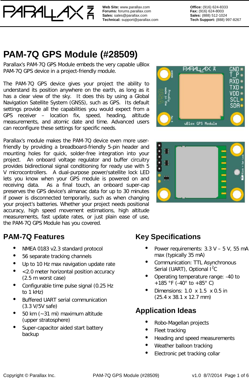 Page 1 of 6 - Parallax PAM-7Q GPS Module (#28509) 28509-pam-7q-gps-module-product-guide-v10 1
