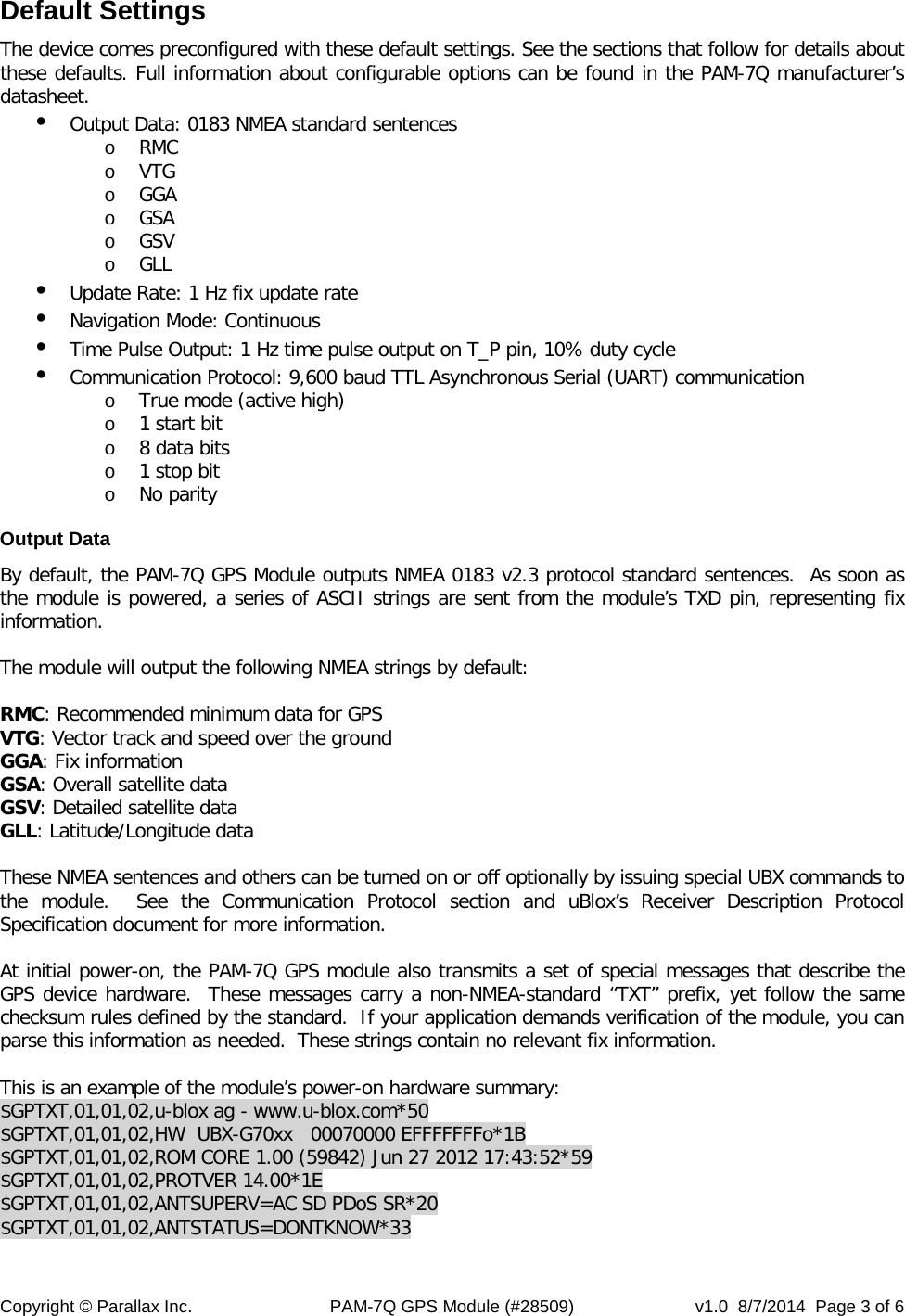 Page 3 of 6 - Parallax PAM-7Q GPS Module (#28509) 28509-pam-7q-gps-module-product-guide-v10 1