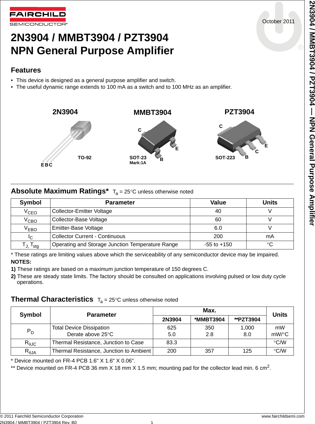 Page 1 of 8 - 2N3904, MMBT3904, PZT3904 - Datasheet. Www.s-manuals.com. Fairchild