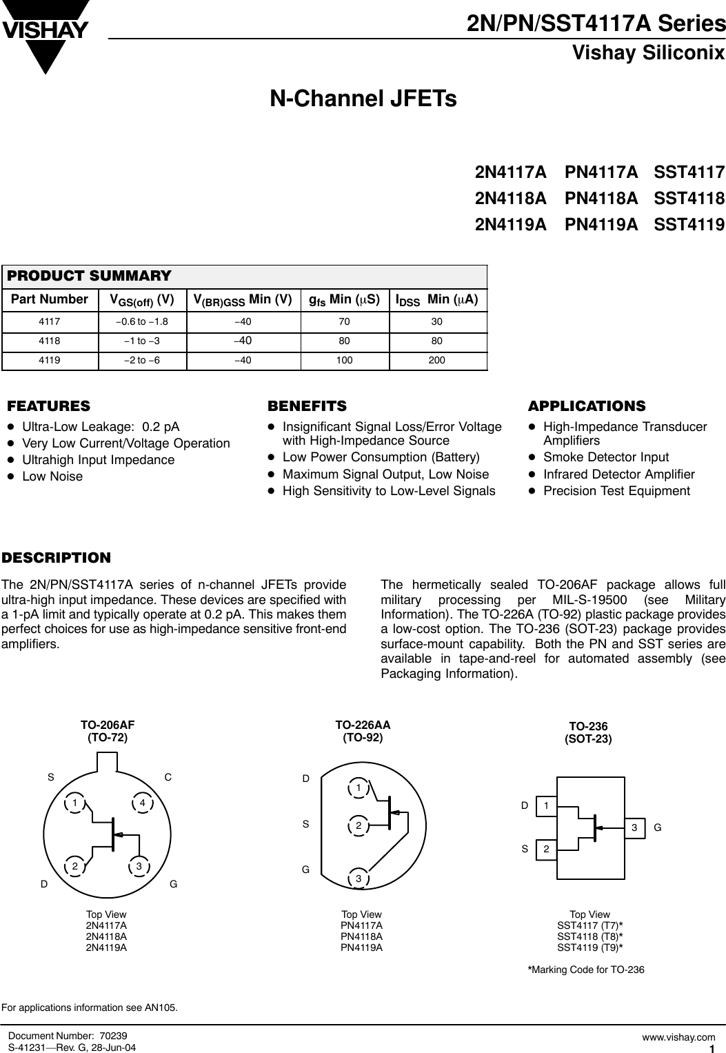 Page 1 of 6 - 2N4117A, 2N4118A, 2N4119A, PN4117A, PN4118A, PN4119A, SST4117, SST4118, SST4119 - Datasheet. Www.s-manuals.com. Vishay