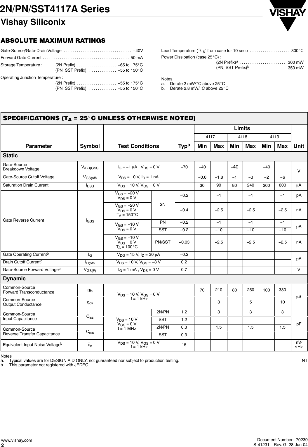 Page 2 of 6 - 2N4117A, 2N4118A, 2N4119A, PN4117A, PN4118A, PN4119A, SST4117, SST4118, SST4119 - Datasheet. Www.s-manuals.com. Vishay