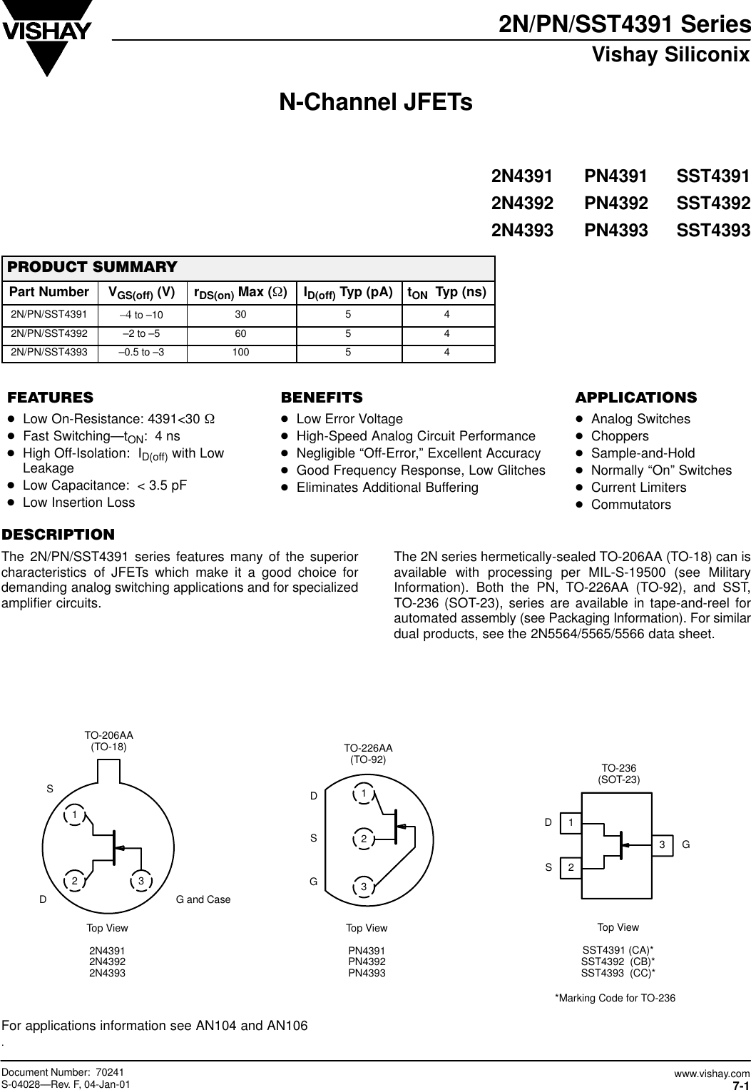 Page 1 of 7 - 2N4391, 2N4392, 2N4393, PN4391, PN4392, PN4393, SST4391, SST4392, SST4393 - Datasheet. Www.s-manuals.com. Vishay