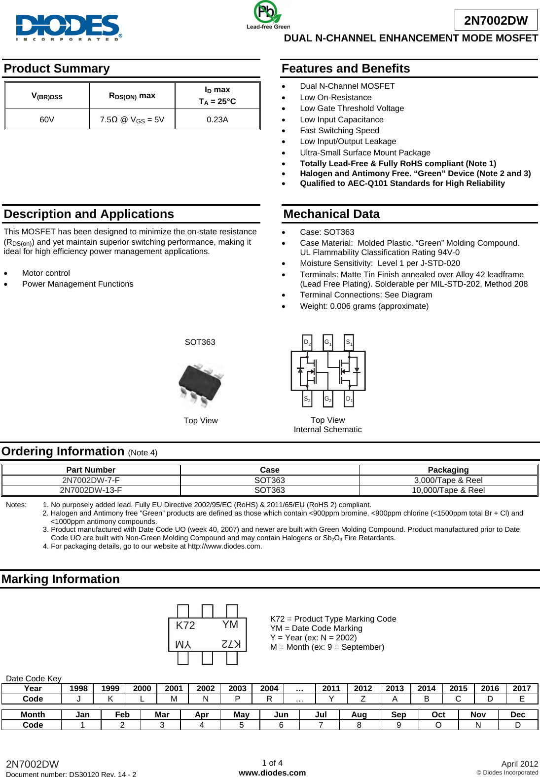 2N7002DW Datasheet. Www.s manuals.com. Diodes