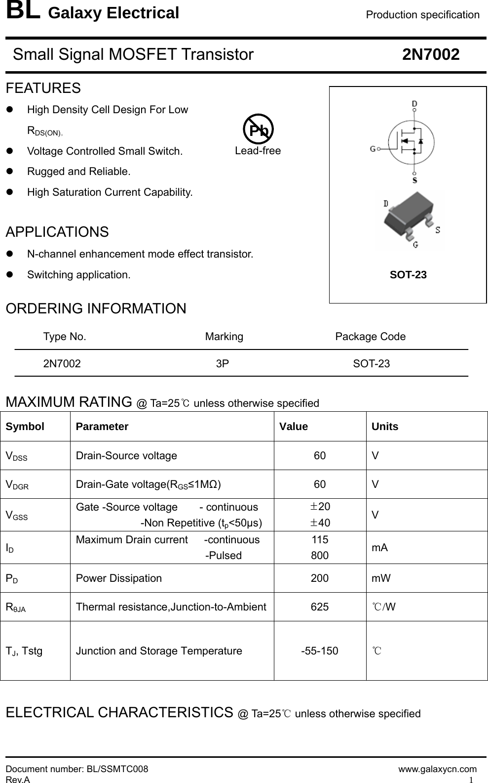 Page 1 of 5 - 2N7002 - Datasheet. Www.s-manuals.com. Galaxy