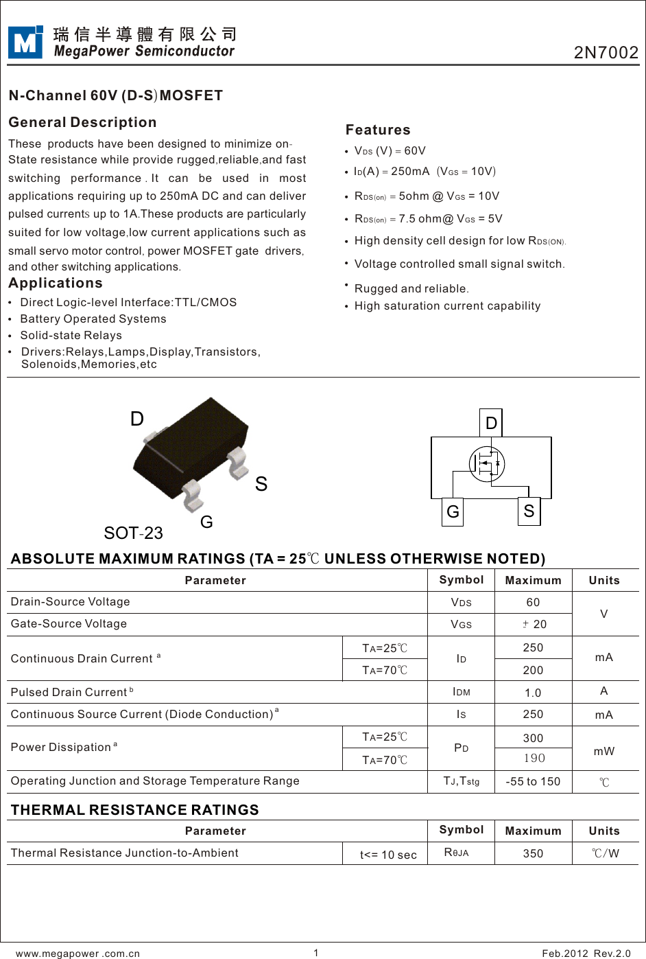 Page 1 of 6 - 2N7002 - Datasheet. Www.s-manuals.com. Megapower